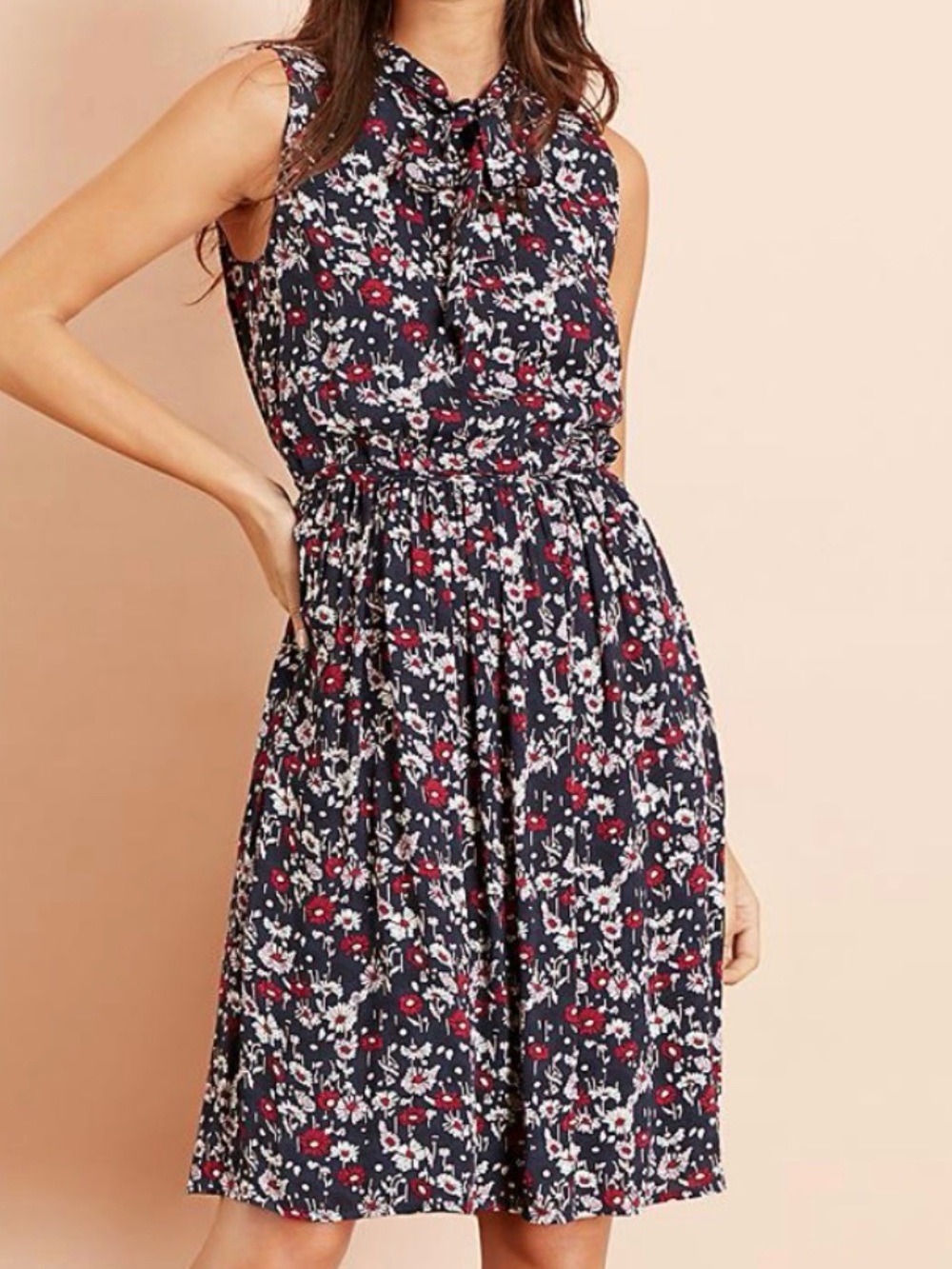 NWT Brooks Brothers Red Fleece Navy Floral Tie-Neck Sleeveless Dress Size 8